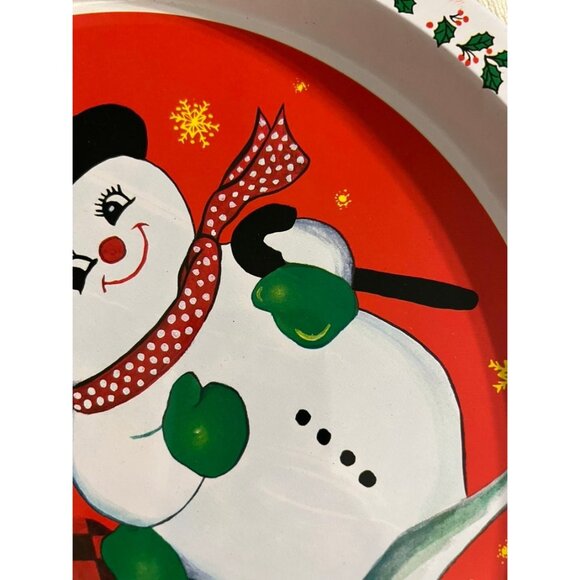Vintage Snowman Couple Christmas Round Tin Tray, Retro Holiday Serving Dish, 12. - Picture 4 of 8